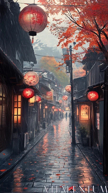 Cozy lantern lit alleyway glowing through gentle autumn rain.