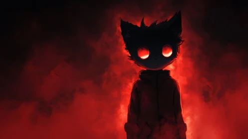 Silhouetted catlike figure glows against dense red smoke