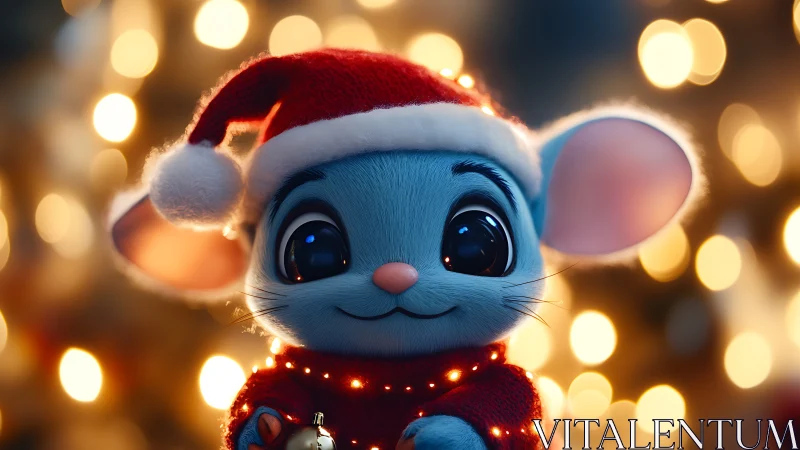 Blue cartoon mouse wears Santa hat before blurred lights