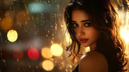 Moody portrait of wet-haired woman in golden city rain.