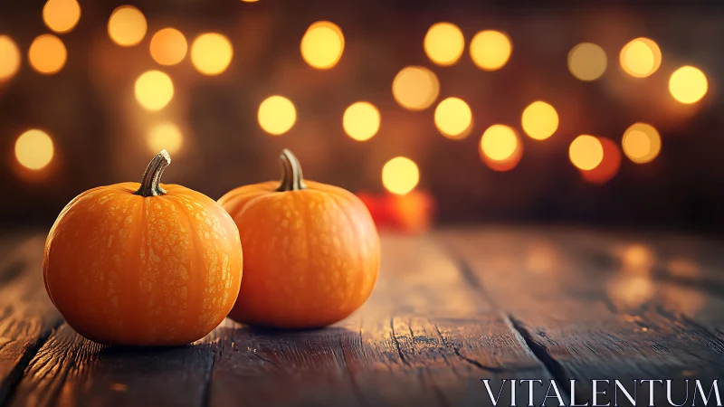 Twin pumpkins on rustic table under warm bokeh lights.