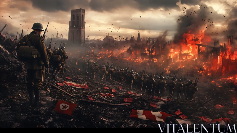 Soldiers advancing through burning war-torn urban landscape.