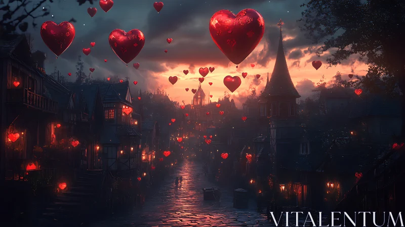 Luminous hearts float over gothic cityscape at dusk.