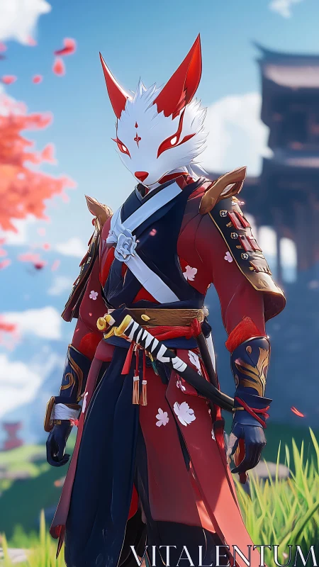 Anthropomorphic fox samurai in stylized armor under sakura sky