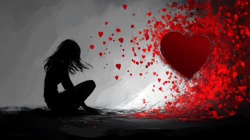 Solitary girl beside shattering red heart in grayscale void.