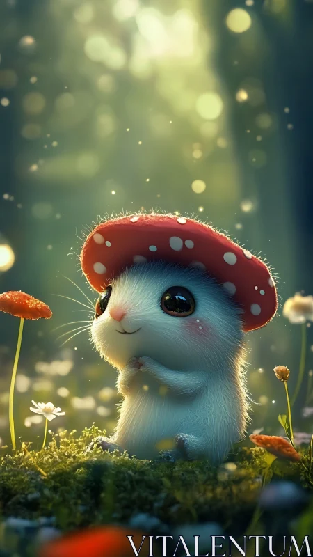 Whimsical forest mouse under toadstool hat, digital painting.