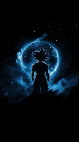 Cosmic warrior silhouette before luminescent eclipse horizon.