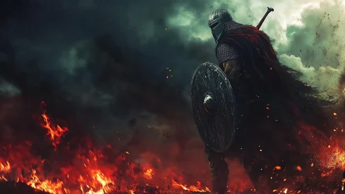 Armored warrior advancing through blazing battlefield storm.