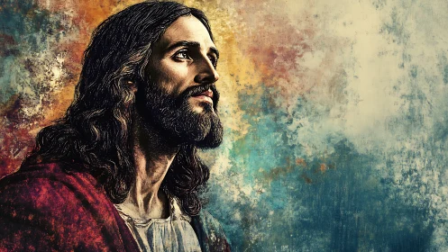 Gentle bearded figure gazing upward in soft painted light.