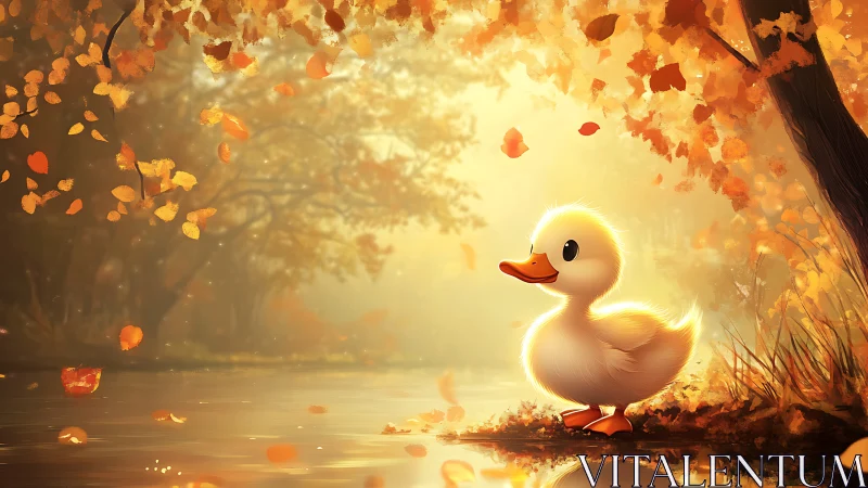 Backlit duckling studies autumn foliage in golden river haze