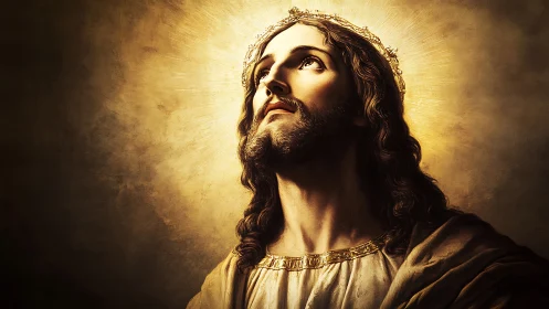 Luminous crowned figure gazing heavenward in warm radiance.