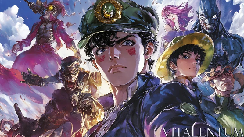 Intense anime heroes stand against monstrous enemies skyward