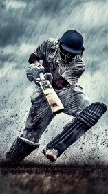 Cricket batsman sliding through wet pitch under intense rain