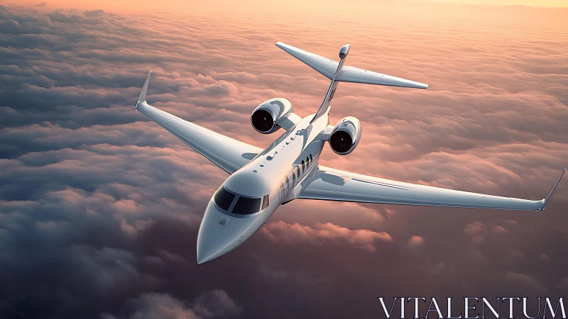 Sleek private jet cruising above clouds at sunset sky.