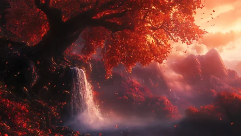 Crimson autumn tree over misted waterfall and sunset peaks.