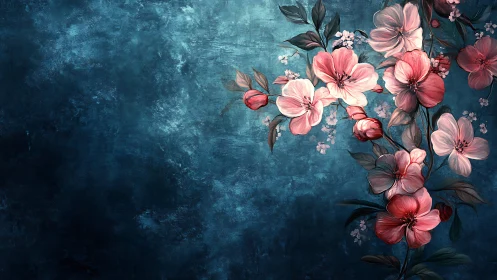 Pink Blossoms Against Deep Blue Textures.