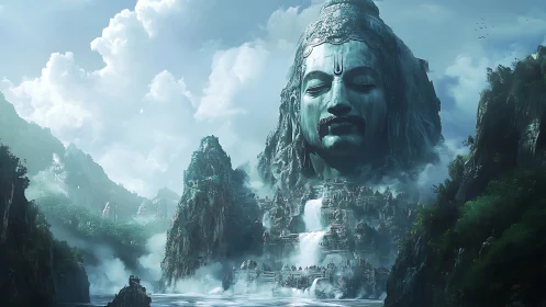 Colossal stone deity head dominating misty waterfall citadel.