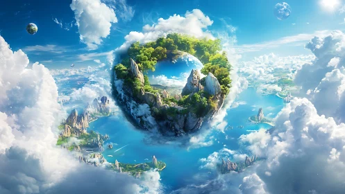 Spherical Eden Floats Among Clouds in Dreamscape