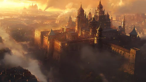 Sunlit fortified megastructure in mist-laden fantasy cityscape.