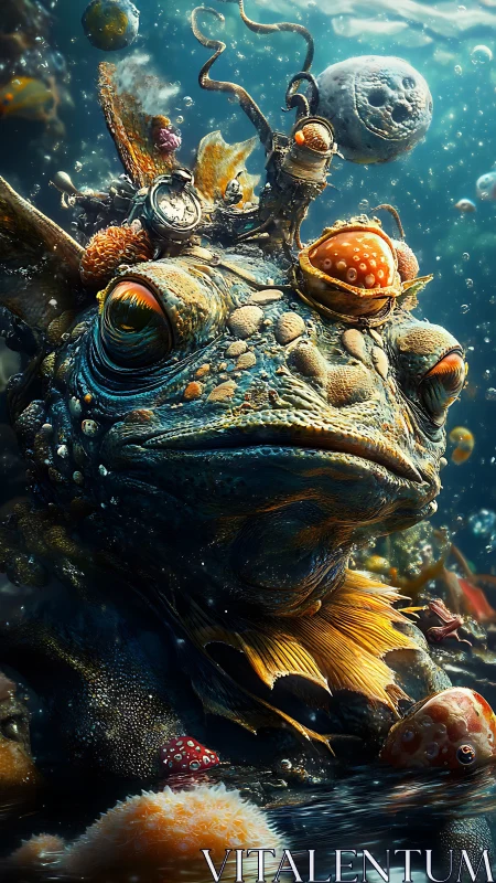 Surreal armored toad king beneath luminous underwater sky.