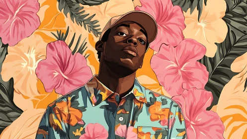 Stylized portrait of man in floral shirt before hibiscus wall.