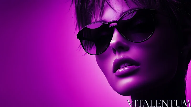 Bold neon portrait of woman in sunglasses on purple backdrop.
