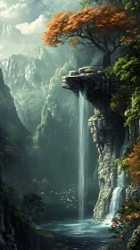 Solitary autumn tree crowns a misty cliffside waterfall
