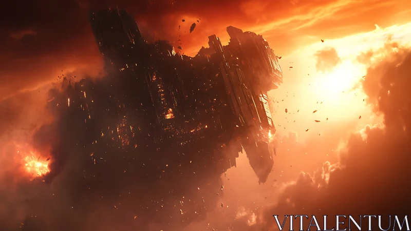 Cosmic Destruction: A Fiery Spaceship Crumbles in Flames.