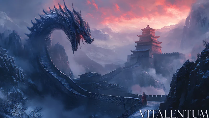 Armored ice dragon over snowbound fortress wall at dusk