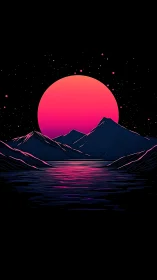Neon sun descends behind stylized mountains and glowing lake.