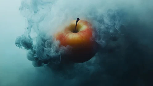 Luminous apple suspended in cinematic teal atmospheric smoke.