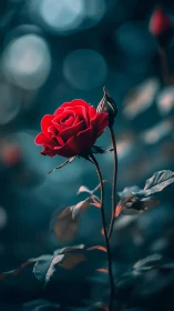 Scarlet rose stands in dreamy teal-tinted bokeh glow.