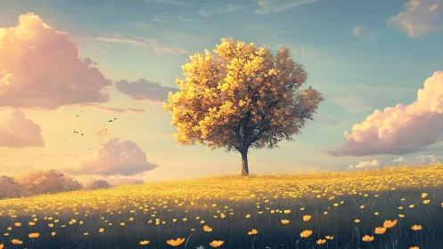 Digital sunset meadow with solitary flowering tree composition.
