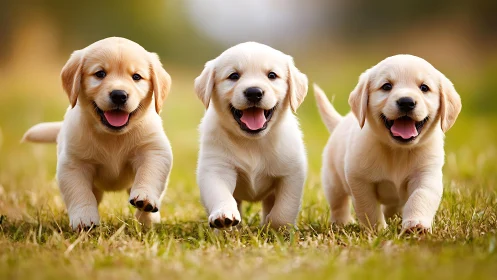 Three golden retriever puppies running on grass outdoors.