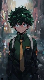 Wide eyed green haired student stands bravely in moody city street
