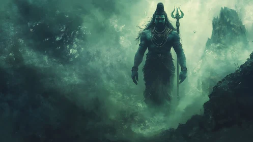 Mythic blue-skinned warrior figure walking through dense mist