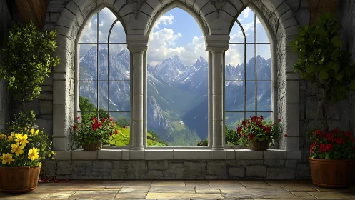 Sunny stone terrace framing calm mountain valley views.