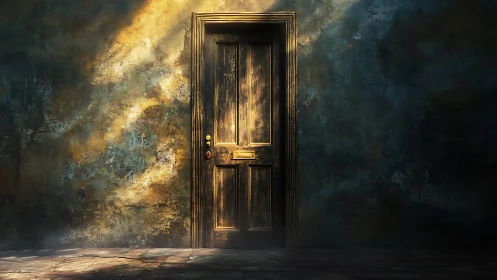 Mysterious wooden door glows against a dark textured wall