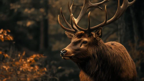 Majestic stag pauses calmly within a golden autumn forest