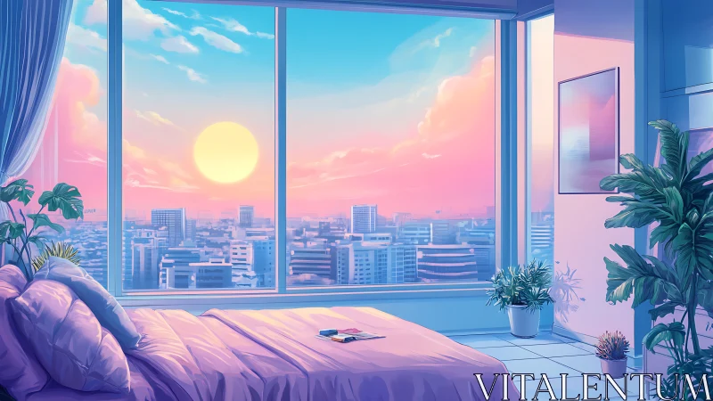 Bedroom interior with city skyline at colorful sunrise.
