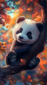 Autumn dreamer panda cuddles a glowing forest branch.