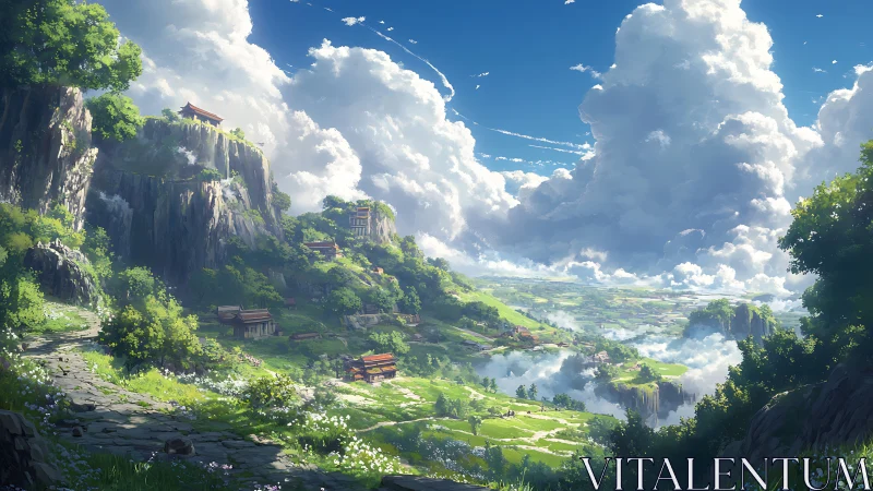 Cloud-kissed valley temples under a sunlit emerald skyway.