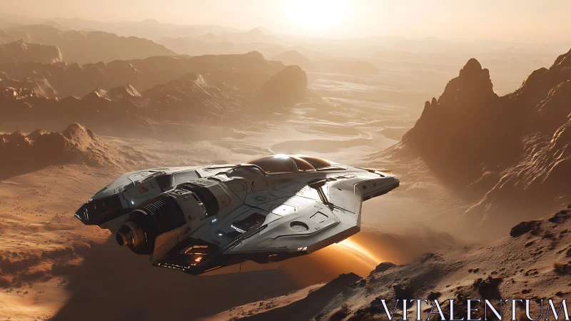 Futuristic spacecraft over arid canyon landscape at sunset.