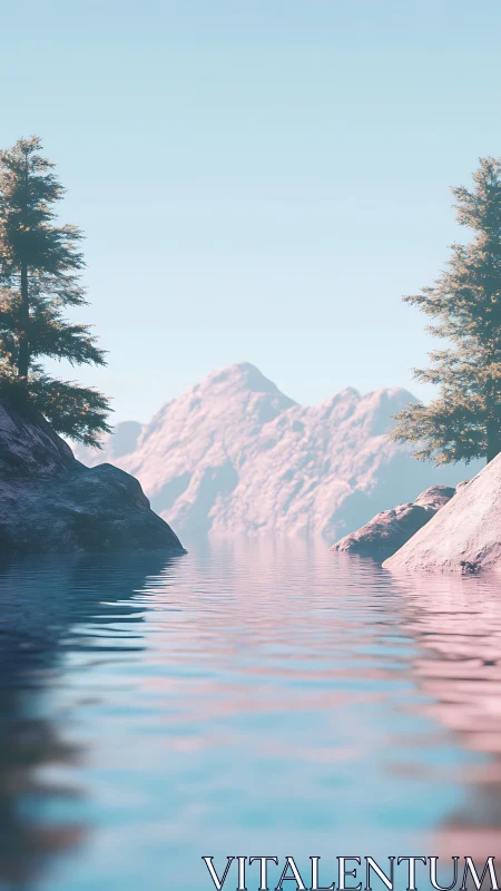 Pastel mountain lagoon whispering soft sunrise reflections.