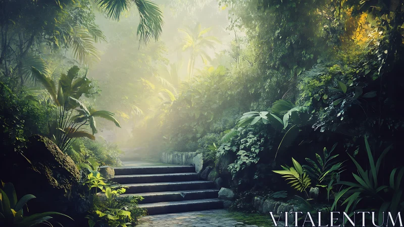 Sunlit Forest Path Through Jungle Vegetation.