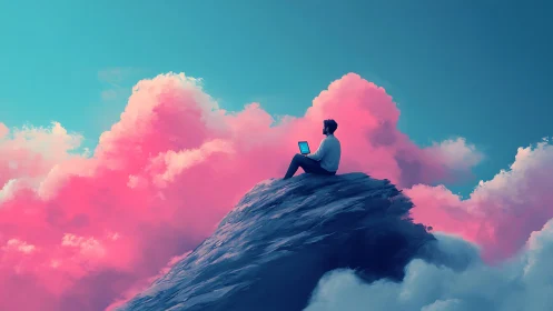 Remote worker on rocky summit amid vivid magenta cloudscape