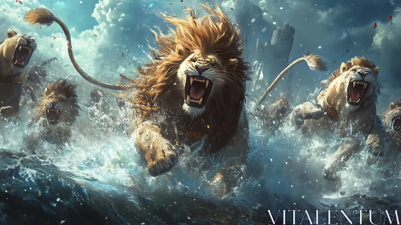 Majestic Lions Charge Through Crashing Waves and Mist