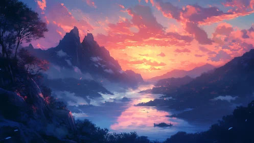 Radiant river valley at dusk under cinematic sky.