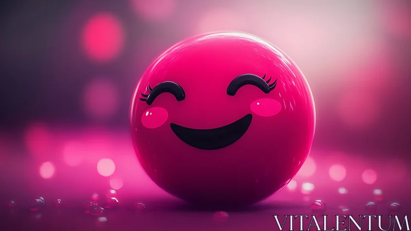 Glossy pink smiley sphere glows in dreamy neon light