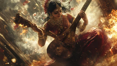 Indian musician in ornate dress playing veena amid flames.